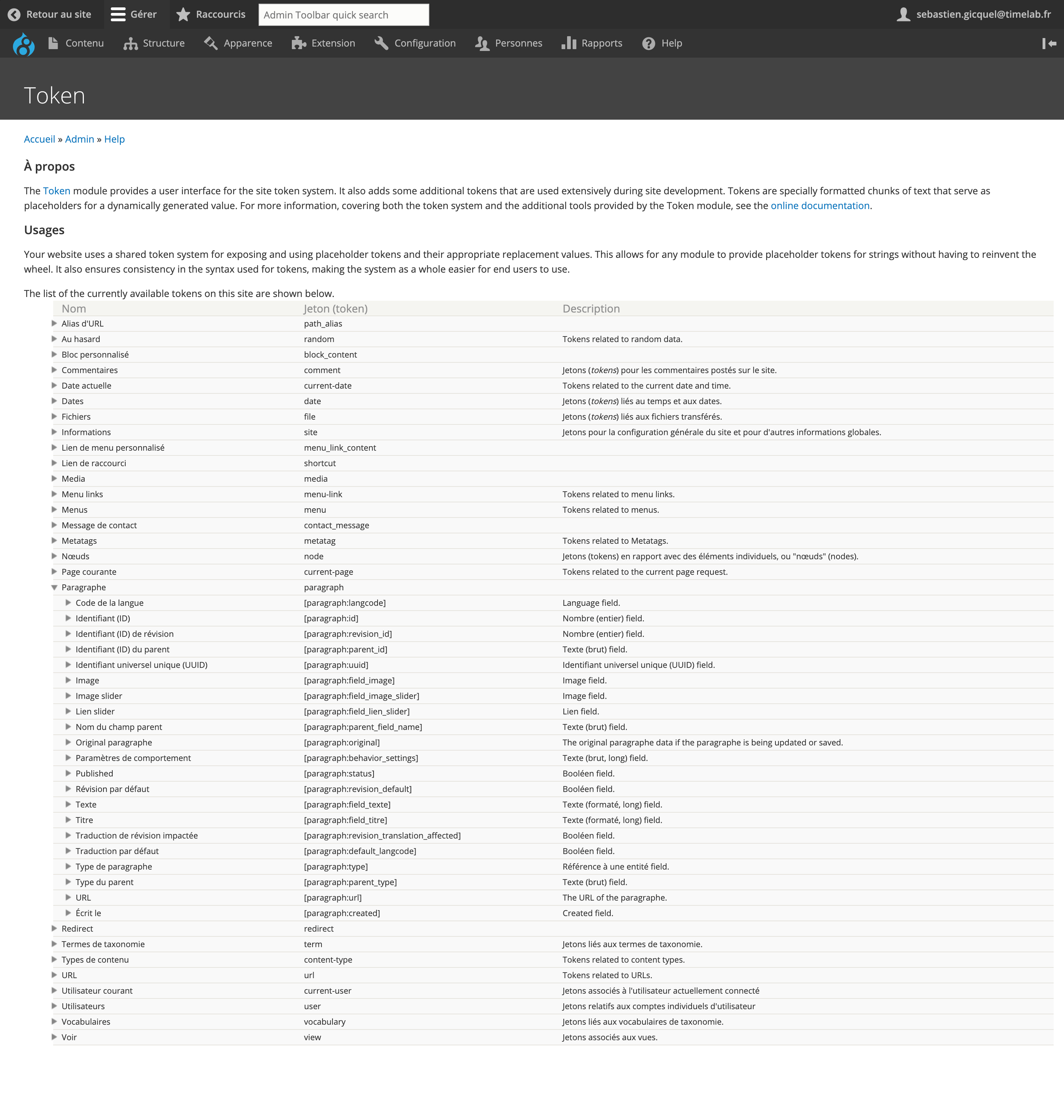 Liste des tokens dans l' UI Drupal