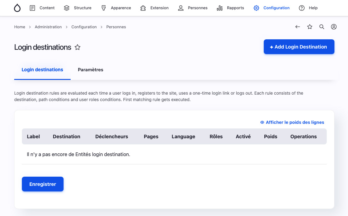 Liste configuration Login destination Drupal
