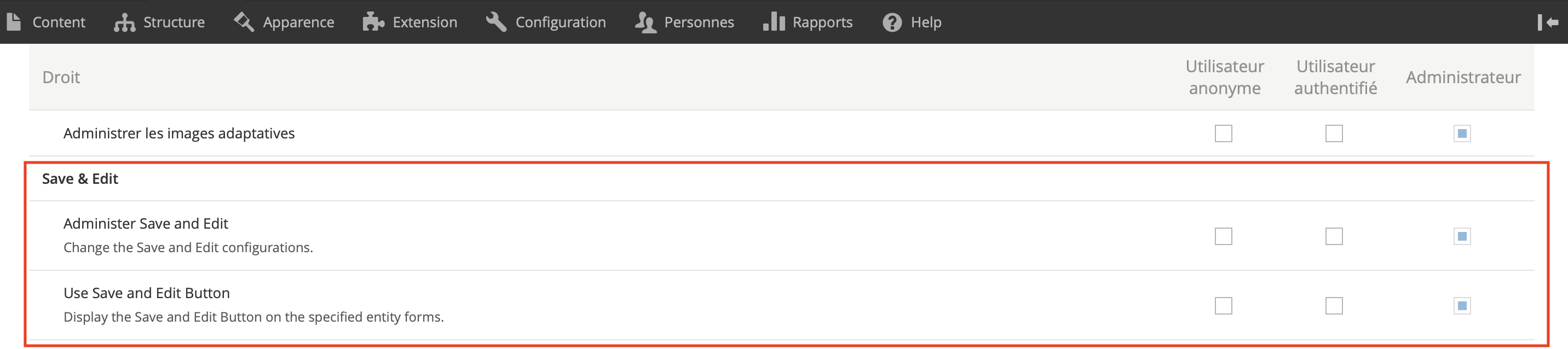 Configuration des droits du module Drupal Save & Edit