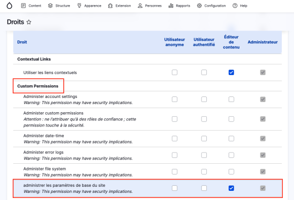 capture écran Activation des droits personnalisés
