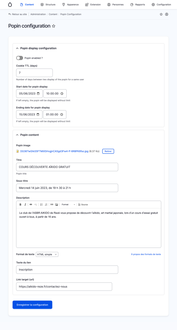 capture configuration Drupal module popin